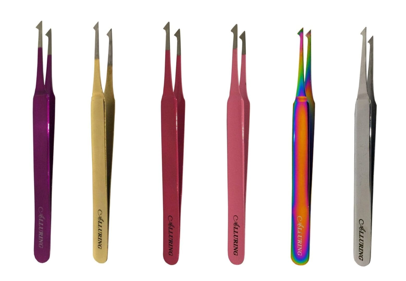A set of four different colored tweezers.