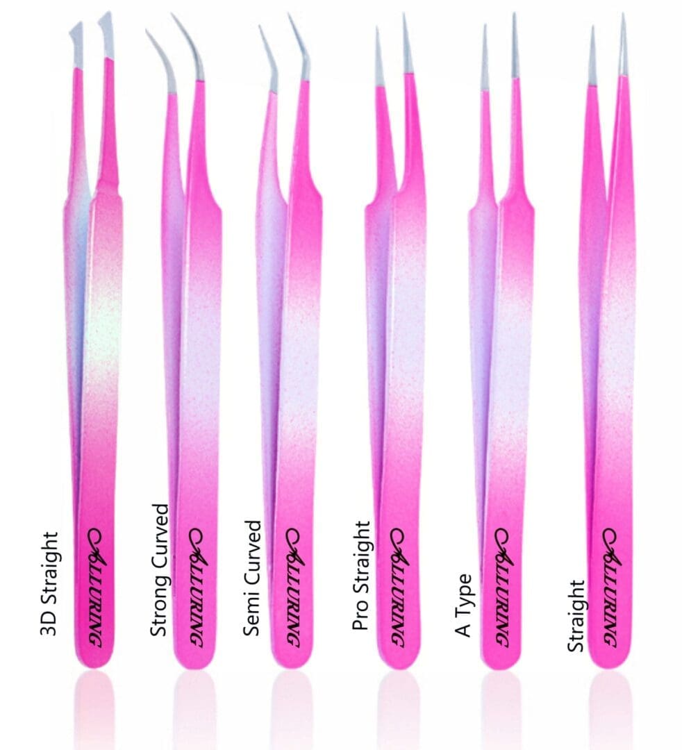 A set of eight pink tweezers with different colors.
