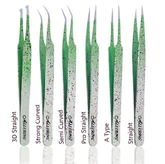 A series of green and white tweezers with different shapes.