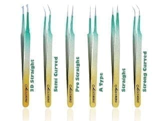 A set of eight tweezers with different types of curved and straight tips.