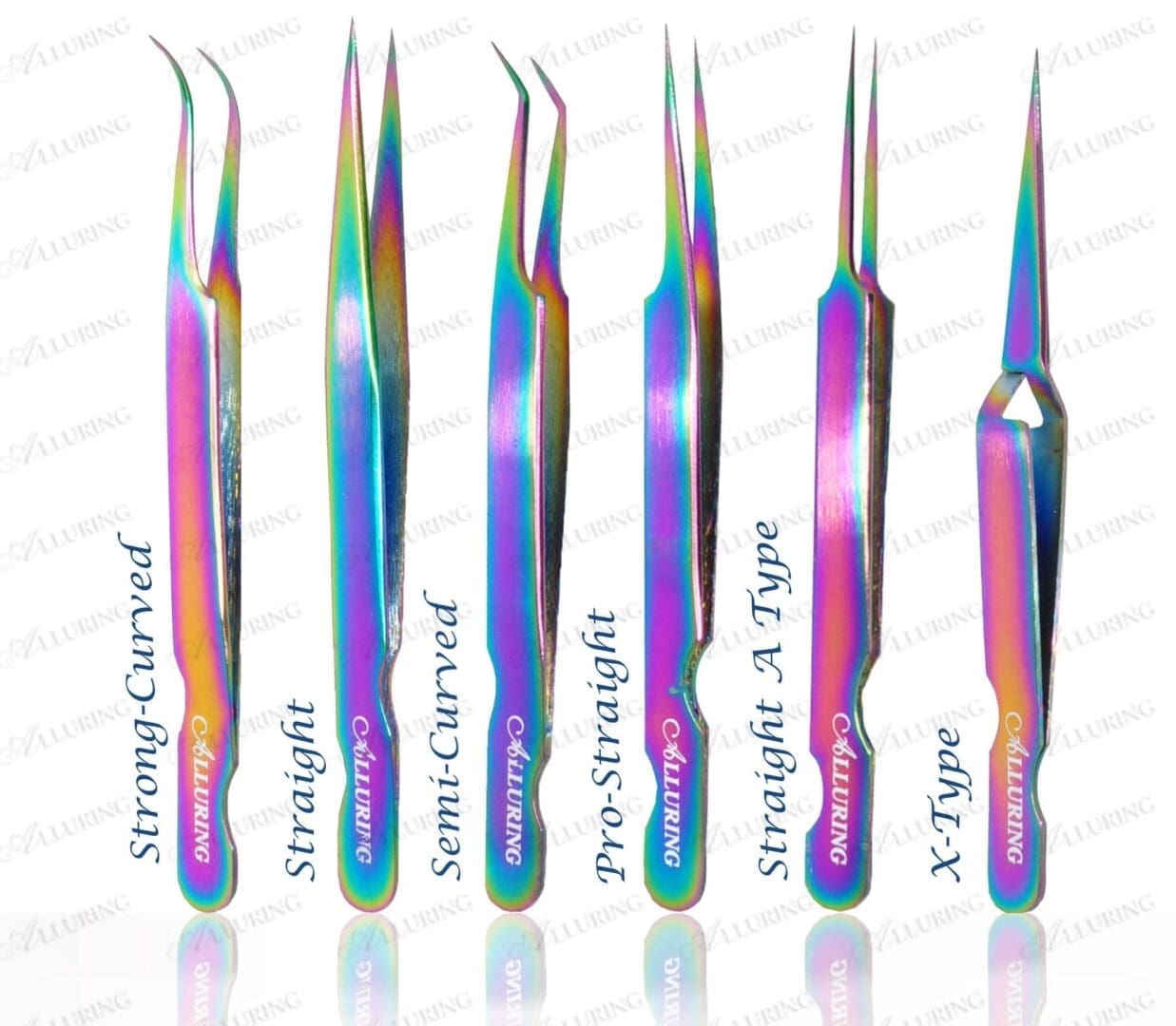 A set of eight different colored tweezers.