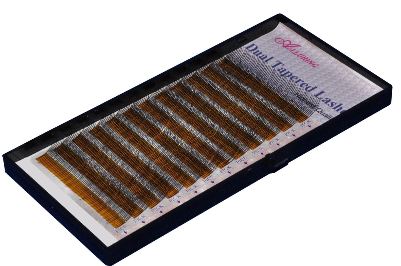 A box of individual lashes in brown and black.