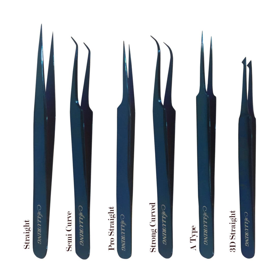 A set of six tweezers with different sizes and shapes.