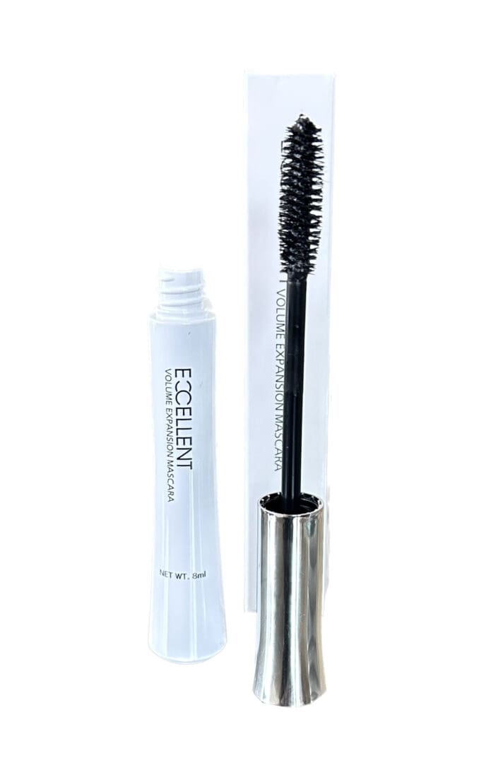 A tube of mascara next to a container.
