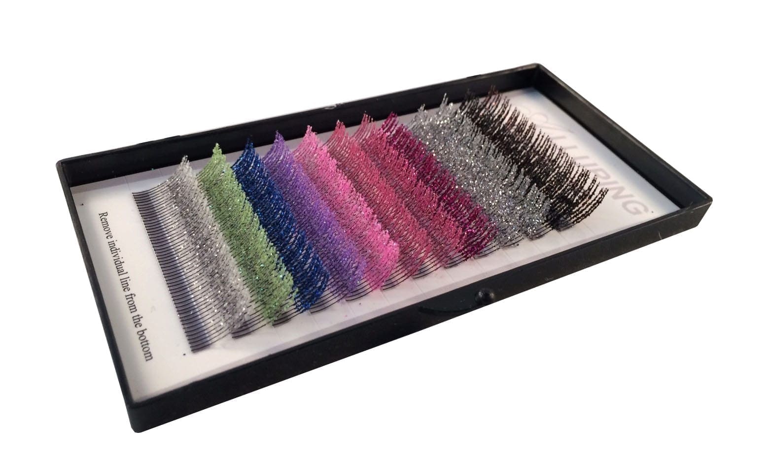 A tray of colored lashes in different colors.