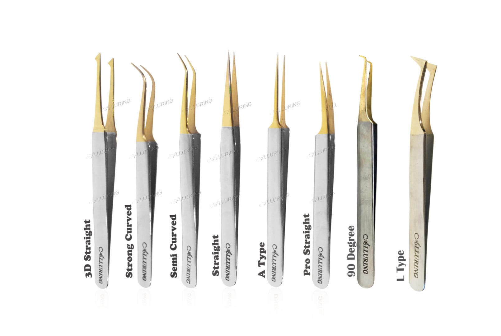 A set of ten tweezers with different types of blades.
