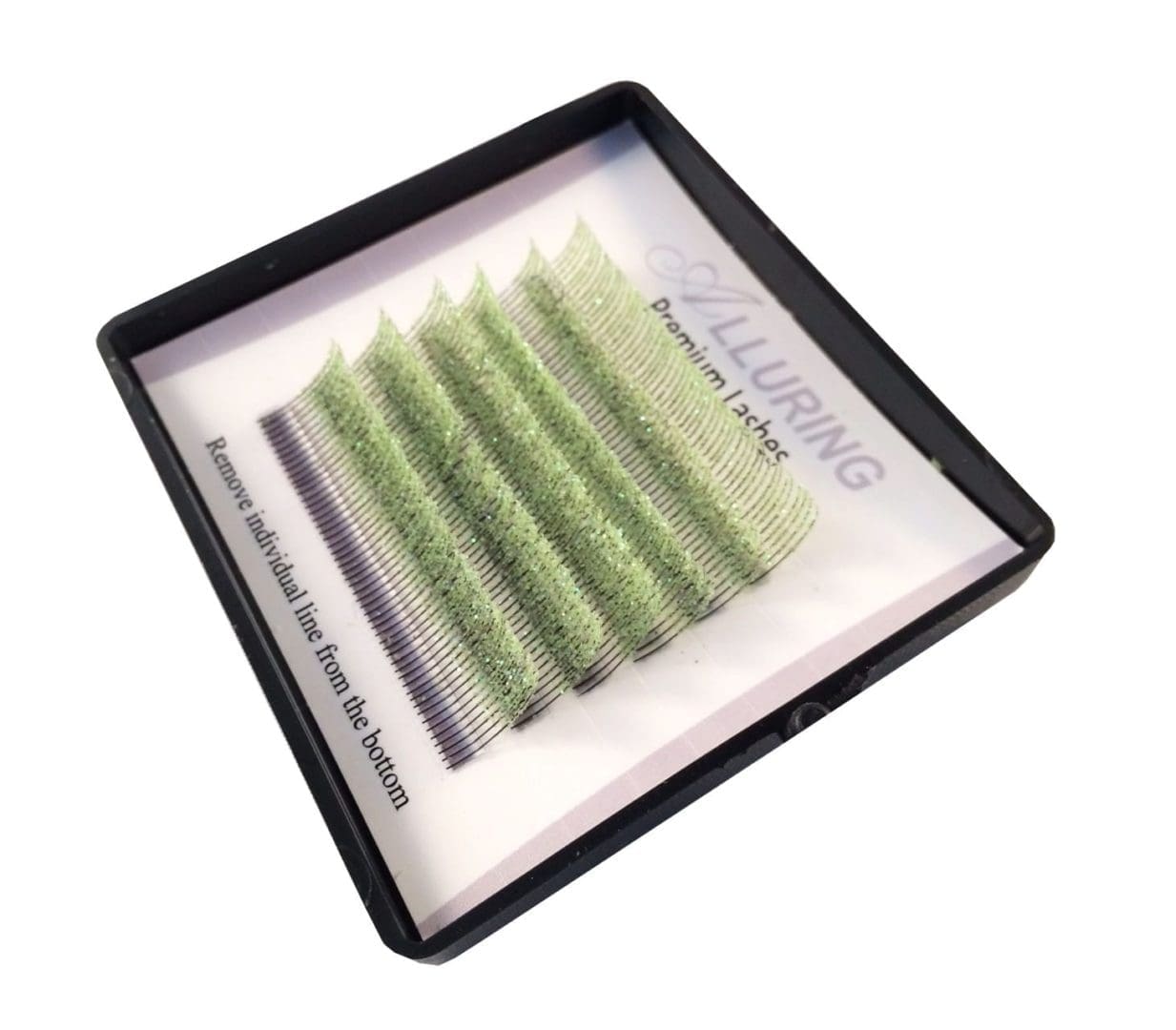 A tray of green eyelash extensions in a case.
