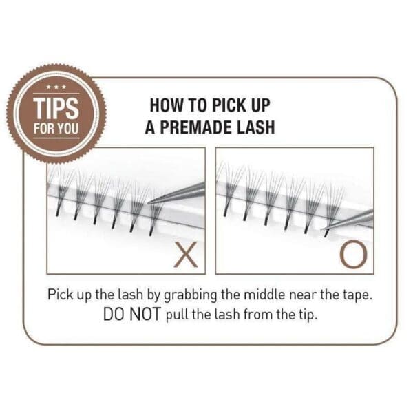 A picture of instructions for how to pick up a premade lash.