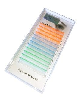 A tray of colored lashes in different colors.