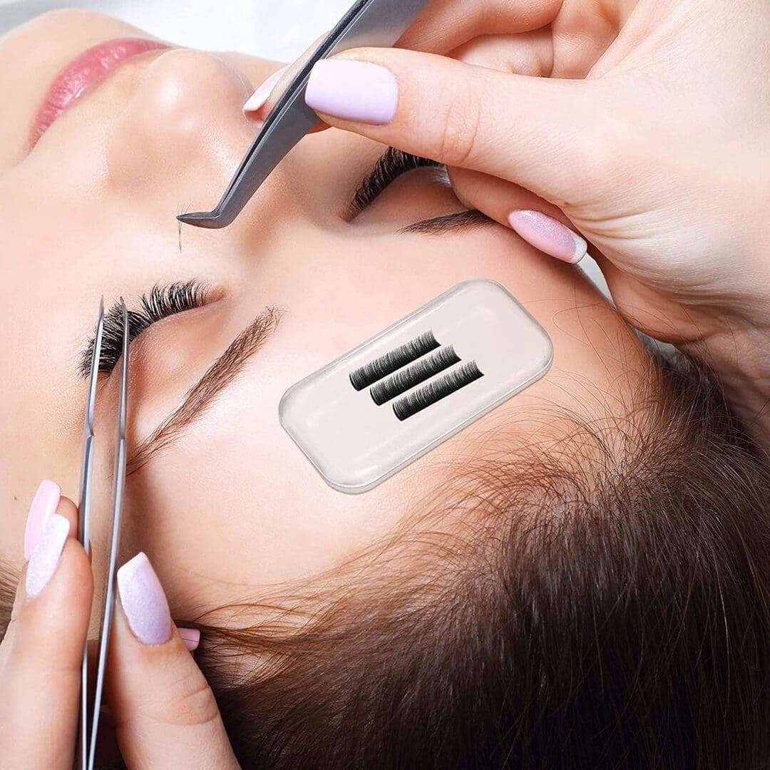 A woman getting her eyelashes trimmed by a stylist.