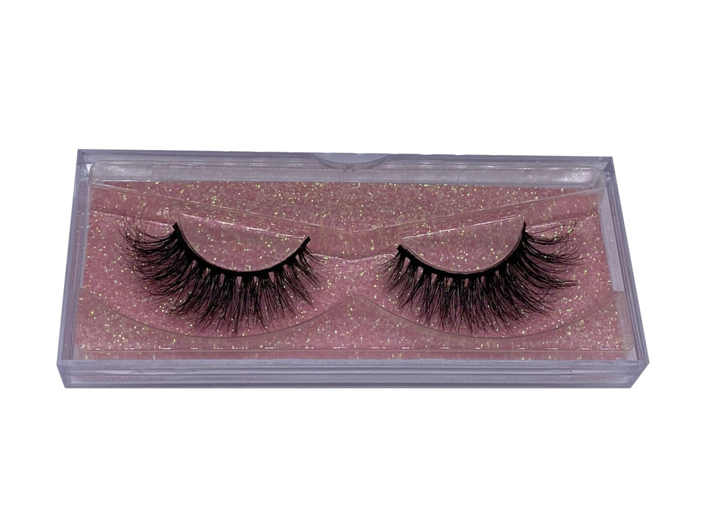 A pair of false eyelashes in pink glitter storage