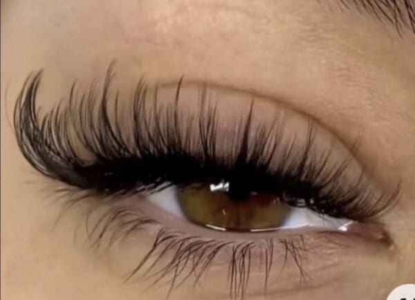 A close up of the eye with long eyelashes